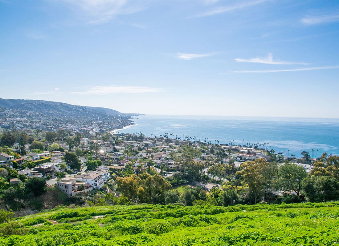 Aliso Viejo, CA - Aerial View From a Hill Top with Green Grass of Homes and Buildings by the Coast in Aliso Viejo California